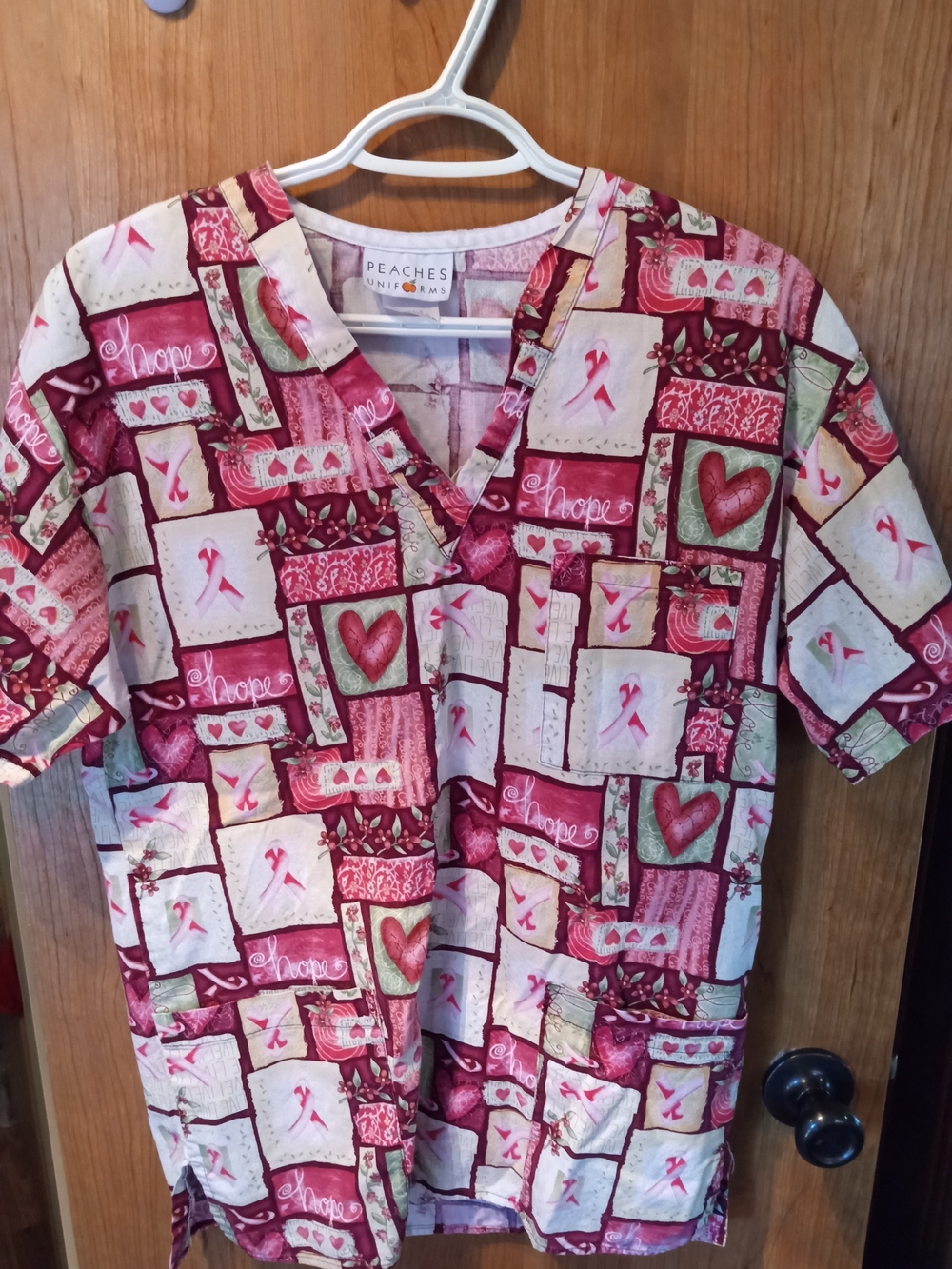 Peaches Uniforms Pink & Cream Breast Cancer Awareness V-Neck Scrub Top